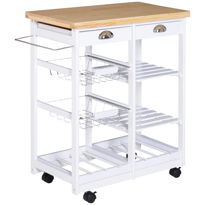 Rolling Kitchen Island Trolley Cart with Drawer, Shelves, Basket, Wheels & 6-Bottle Wine Rack - Stylish White Design