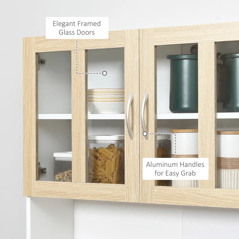 Modern Freestanding Kitchen Cupboard - 180cm Storage Cabinet Hutch with Central Drawer & 2 Glass Door Cabinets