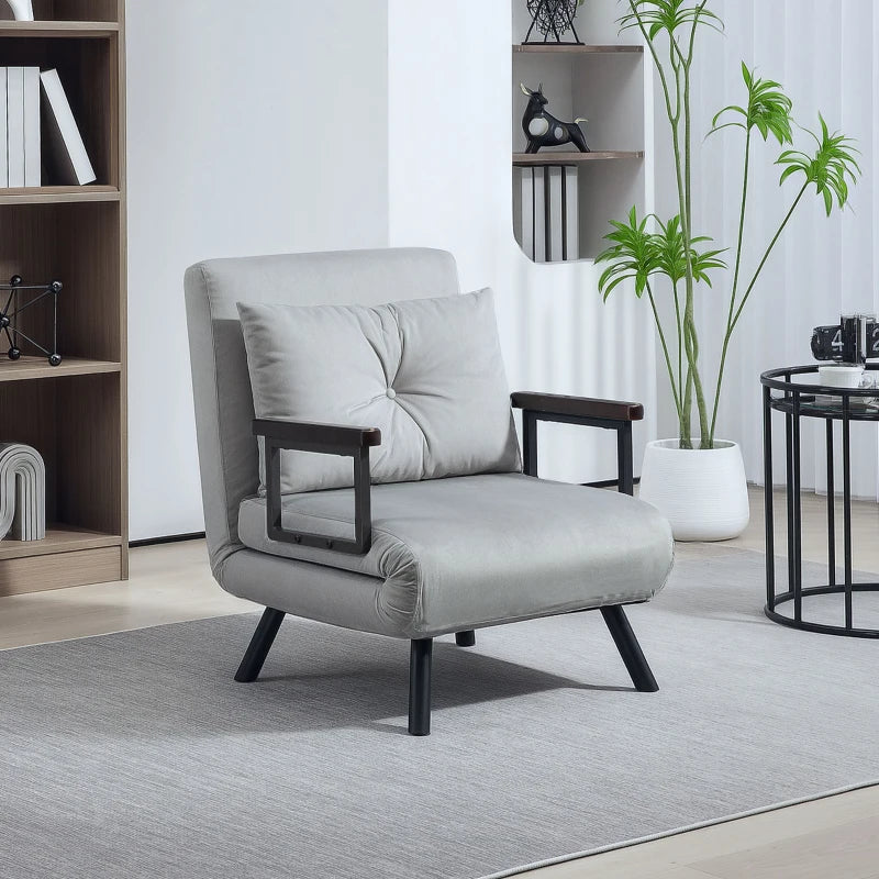 Velvet-Feel Single Chair Bed with Pillow in Light Grey – Versatile 4-in-1 Design for Comfort and Style