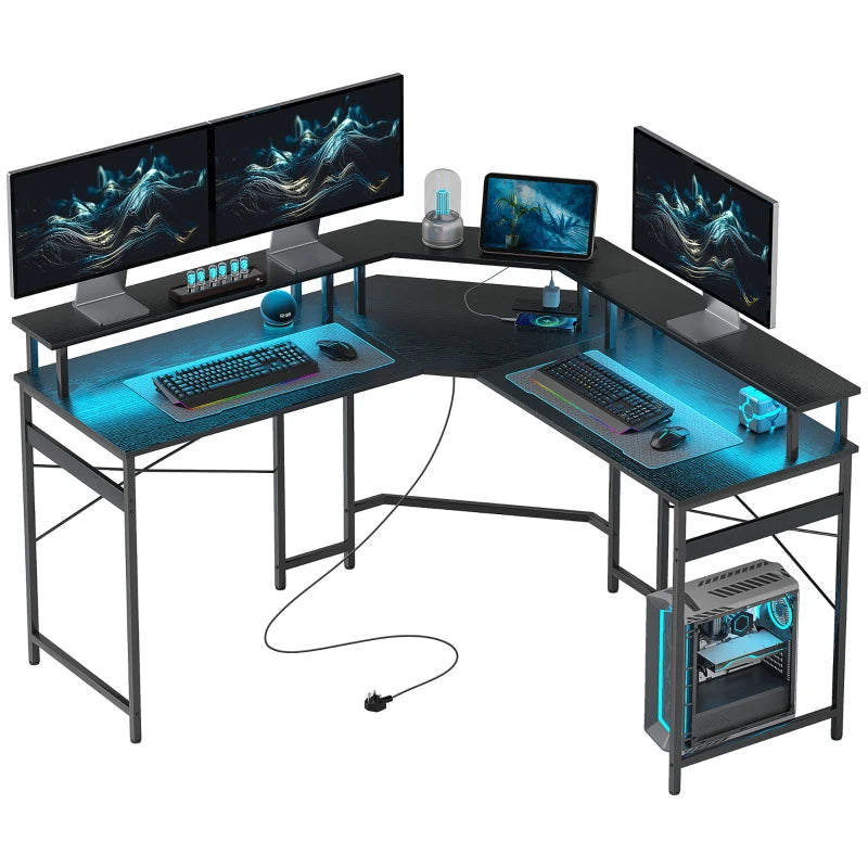 L-Shaped Black Work Desk with LED Lights - Modern Home Office Furniture for Efficient Workspace Organization