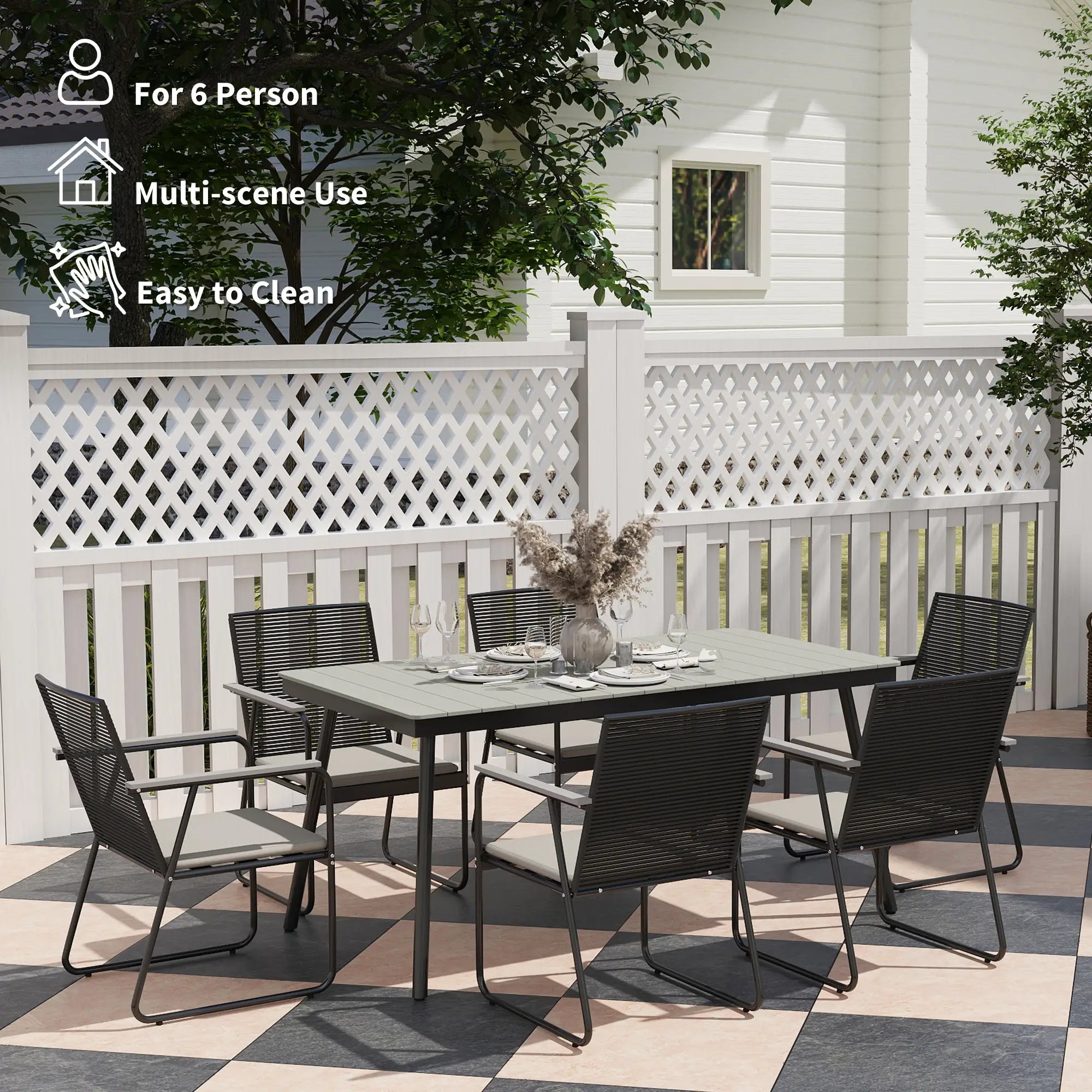 Grey 6 Seater Rattan Garden Dining Set with Cushions – Outdoor Patio Furniture with Rectangular Table