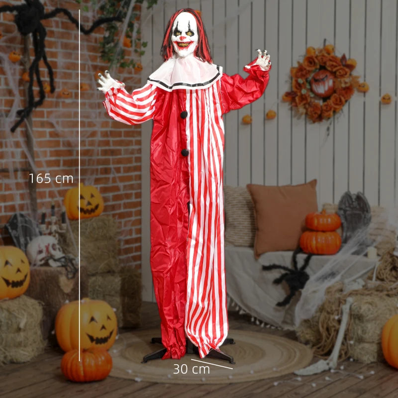 Life Size 165cm Scary Animated Clown with Red Light Up Eyes - Sound Activated Halloween Decoration, Battery Operated Indoor Prop