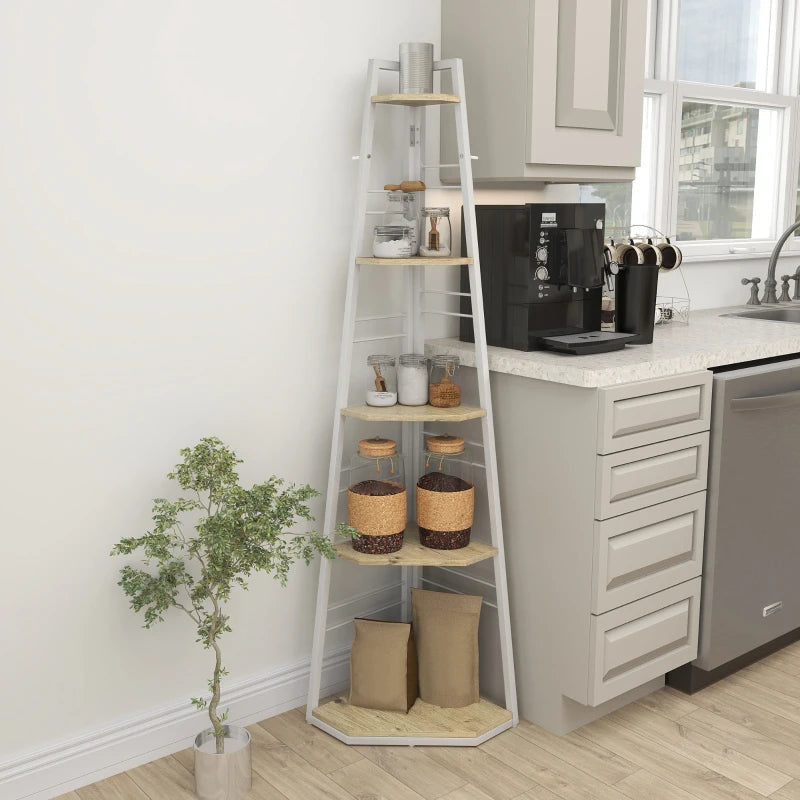 Stylish Five-Tier Corner Shelf - White and Wood-Effect Storage Solution for Home Decor and Organization