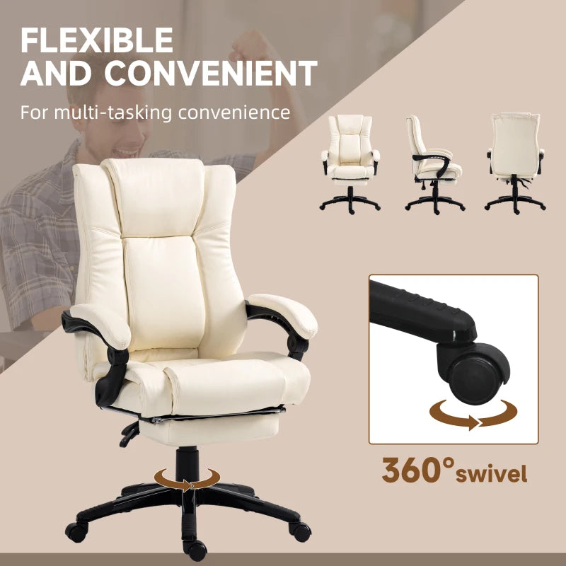 Vinsetto Cream White PU Leather Office Chair - Swivel Computer Chair with Footrest, Adjustable Height & Wheels