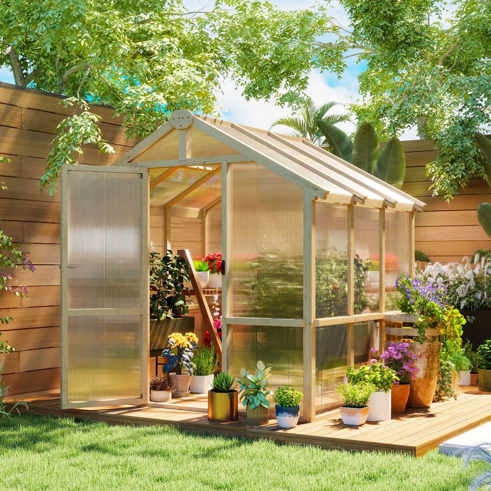 6.6ft x 6ft Polycarbonate Greenhouse - Walk-in Wooden Framed Greenhouse - Plants Grow House, Brown