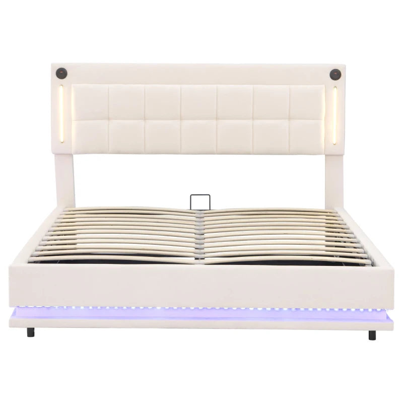 King Size LED Hydraulic Bed with Charging Station Adjustable Tufted Headboard Space Saving Design Beige