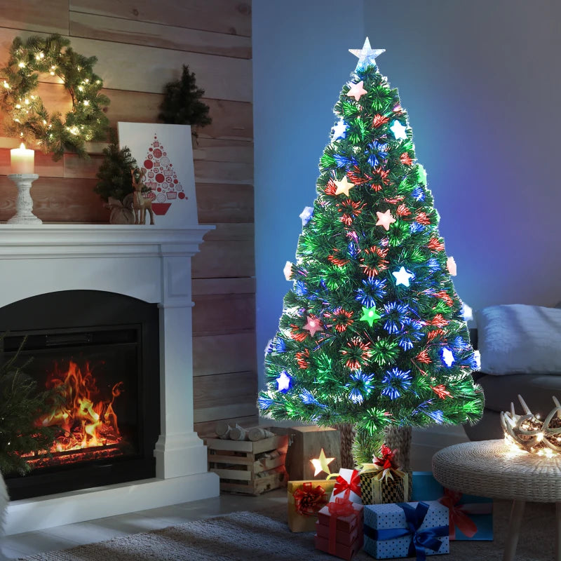 5FT Prelit Artificial Christmas Tree with Fibre Optic Star & LED Lights - Green Holiday Decoration for Indoor Parties