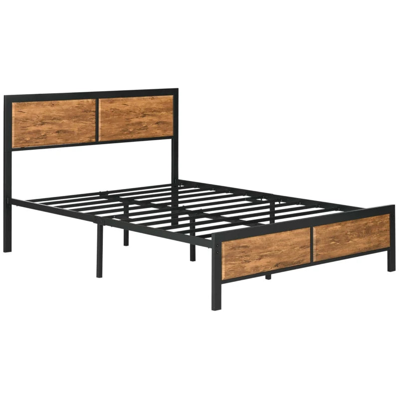 Industrial Double Bed Frame 5FT Steel Base with Headboard & Footboard, Slatted Support, Under Bed Storage, Rustic Brown 142x195cm