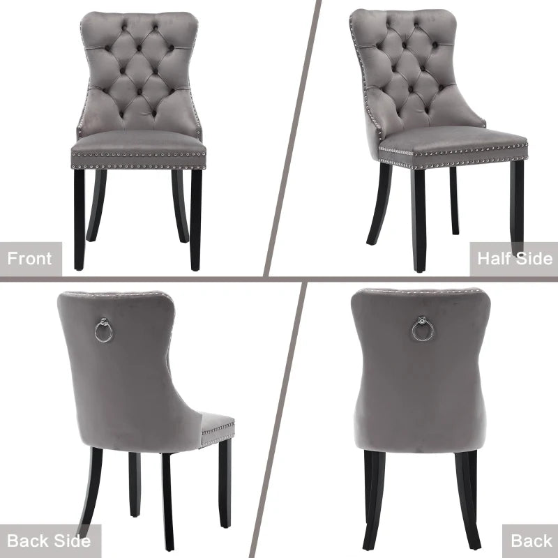Set of 2 Grey Velvet Dining Chairs with Knocker Ring, Button Tufted Backrest & Rubber Wood Legs - Stylish & Comfortable