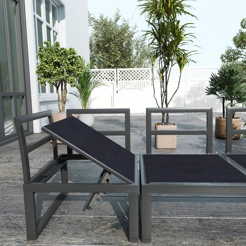 4-Piece Light Grey Outdoor Patio Garden Lounge Set With  5-Level Recline and Wood Grain Plastic Table