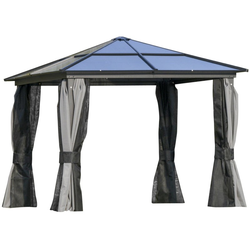 Deluxe 3x3m Garden Gazebo with Curtains & Mosquito Netting – Dark Grey Aluminium Frame & Polycarbonate Roof for Patio