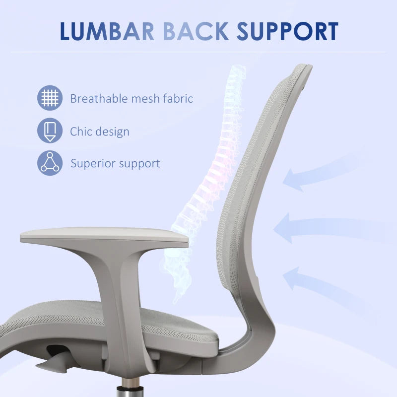 Vinsetto Ergonomic Mesh Back Office Chair - Adjustable Height, Grey, 44-56cm, Comfortable Desk Chair for Home & Office