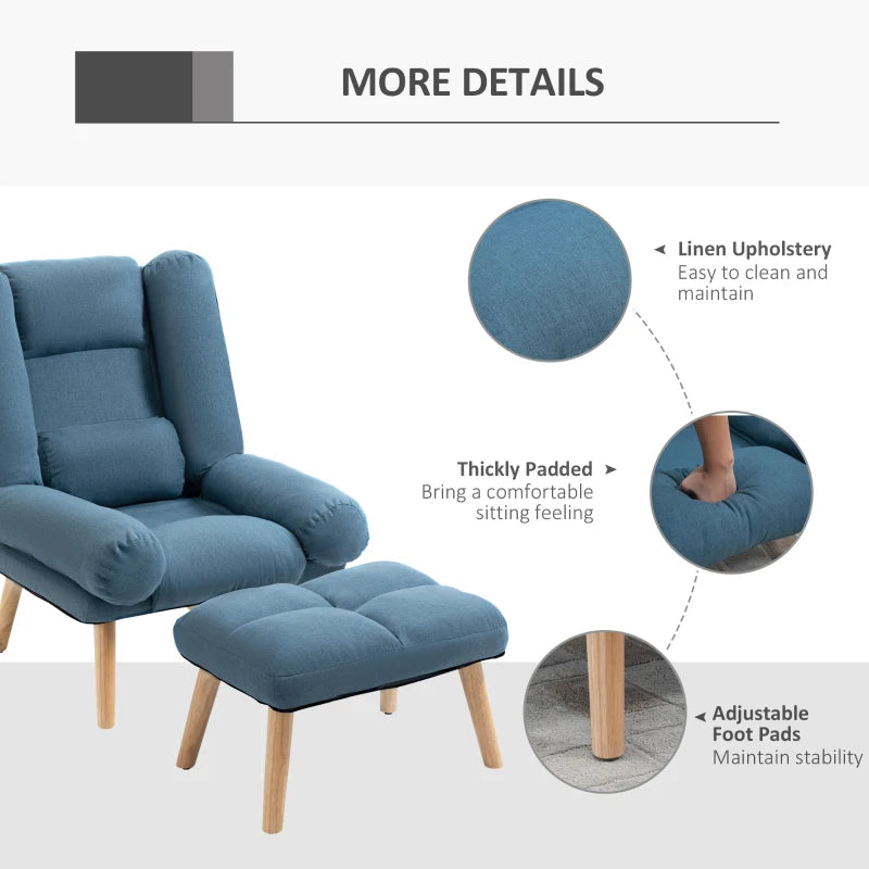 Blue Accent Armchair with Footstool, 180° Recliner and Adjustable Backrest, Stylish Wooden Legs for Living Room