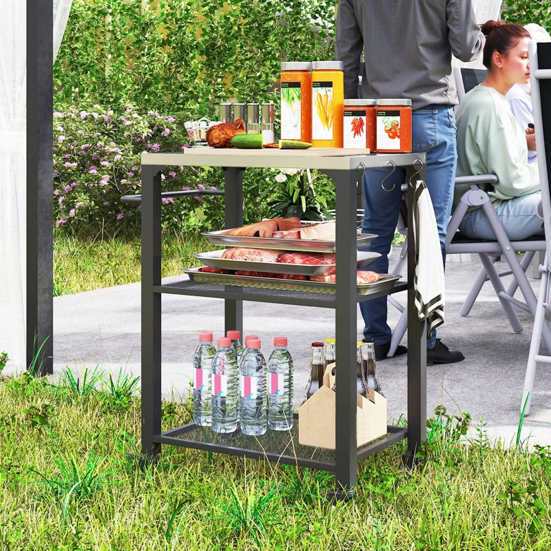 Three-Shelf Outdoor Grill Cart with Stainless Steel Top & Wheels - Movable BBQ Kitchen Island with Hooks, 65.5x41x79 cm