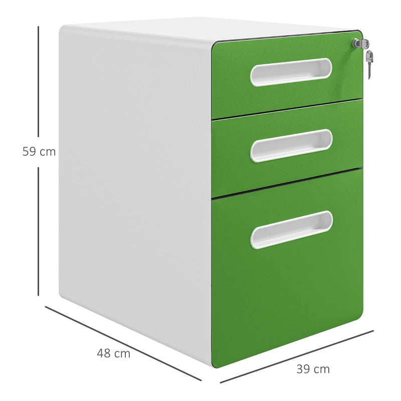 Vinsetto Lockable 3 Drawer Filing Cabinet on Wheels - Steel File Storage for A4, Letter, Legal Files - Green