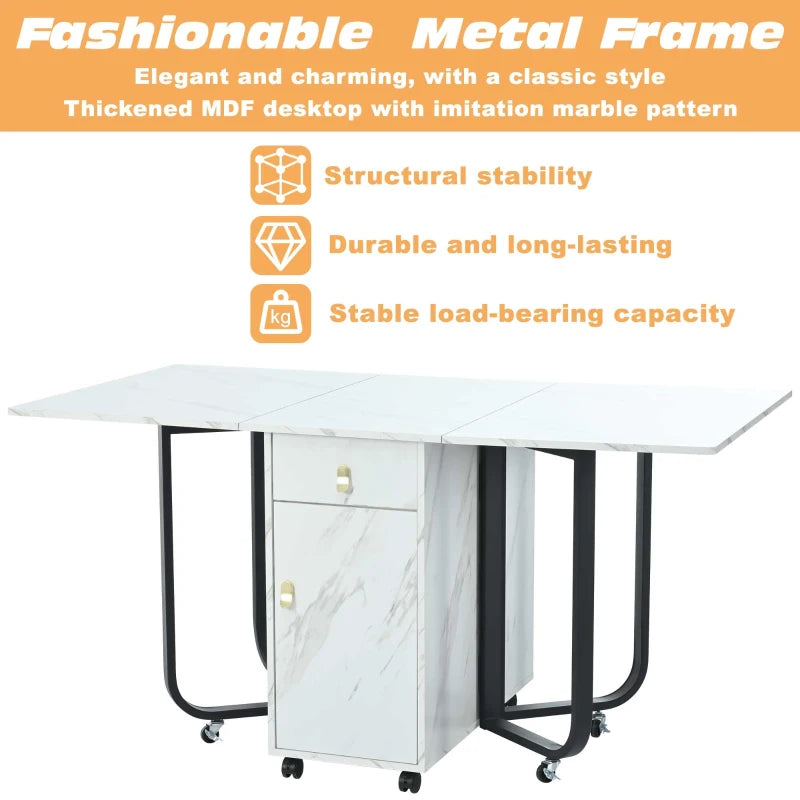 Folding Dining Table with Gold-Plated Handles - 3 Versatile Modes for Learning & Dining - Metal Frame - White/Black