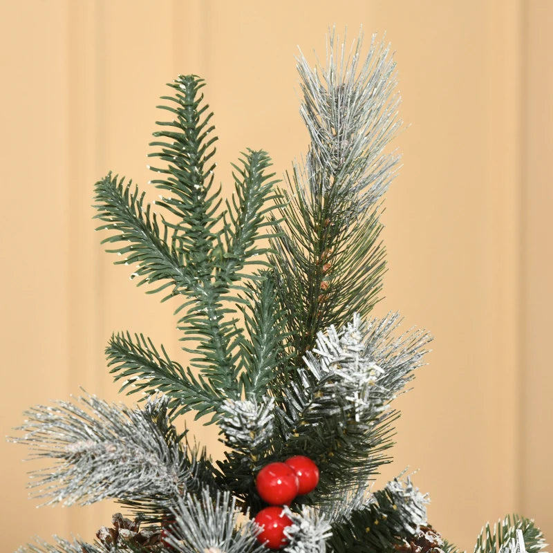 5FT Snow Dipped Christmas Pencil Tree with Red Berries & White Pinecones - Foldable Holiday Decoration for Home Parties