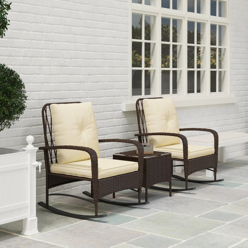 Brown Rattan Three-Piece Rocking Chair Bistro Set - Outdoor Furniture, Comfortable Seating