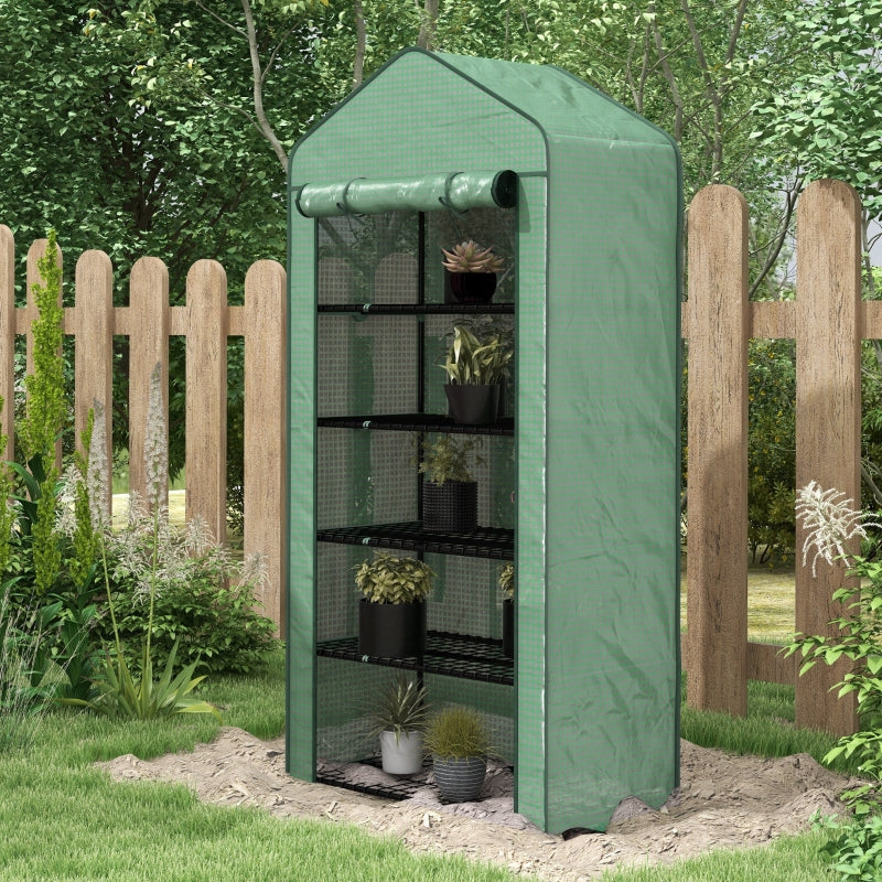 Portable Green 5-Tier Mini Greenhouse with Roll-Up Door, 193H x 90W x 49Dcm