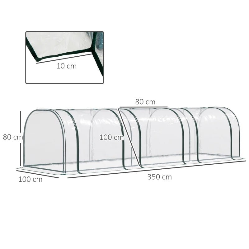 Green PVC Tunnel Plant Grow House with Zipper Doors, 350x100x80 cm