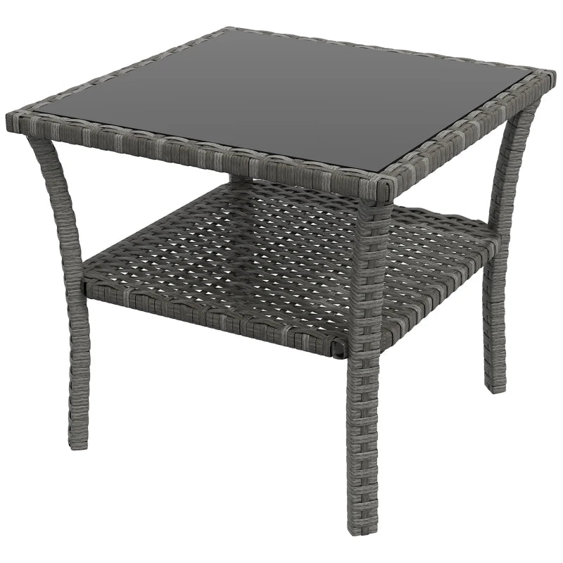 Grey Rattan Two-tier Patio Coffee Table with Glass Top