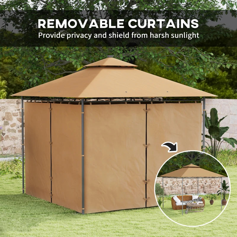 3 x 3 m Brown Garden Gazebo with Double Roof, Curtains & Solar-Powered LED Lights - Outdoor Canopy Shelter for Patio & Deck