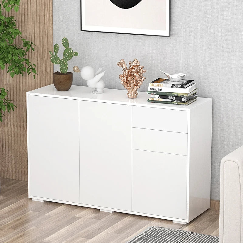 High Gloss White Side Cabinet with Push-Open Design, 2 Drawers & 2 Cabinets, 74H x 117W x 36Dcm for Living Room