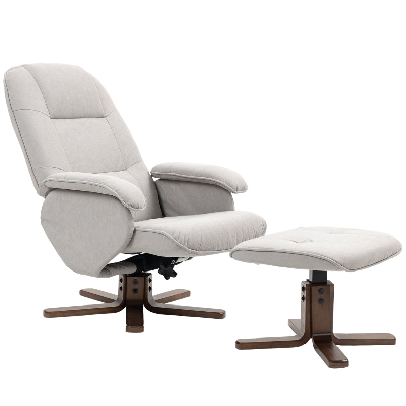 Linen Swivel Recliner Chair with Footstool - Upholstered Armchair with Wooden Base for Living Room in Light Grey