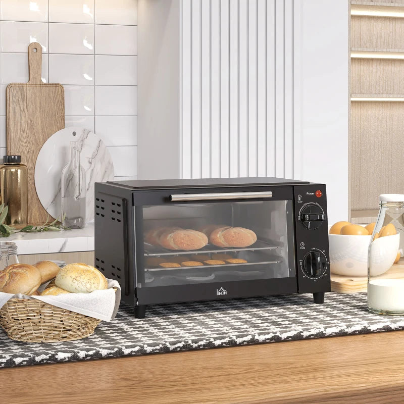 Compact 9L Mini Oven & Electric Grill - Adjustable Temp, Timer, Dishwasher Safe Tray, 750W, Black Countertop Toaster Oven