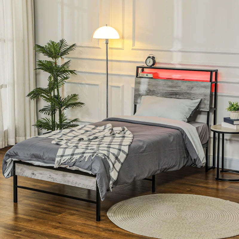 Modern Grey Single Steel Bed Frame with LED Lights & Headboard Shelf - Stylish & Functional Bedroom Furniture