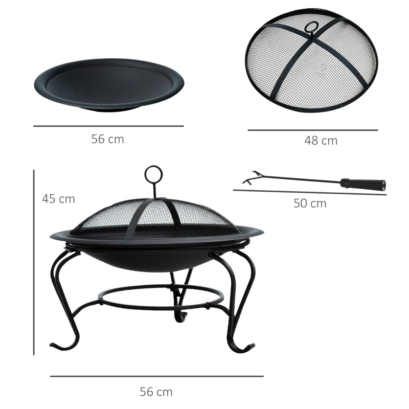 Metal Fire Pit Bowl - Round Outdoor Fire Pit with Lid, Log Grate & Poker for Backyard BBQ & Camping - 56cm
