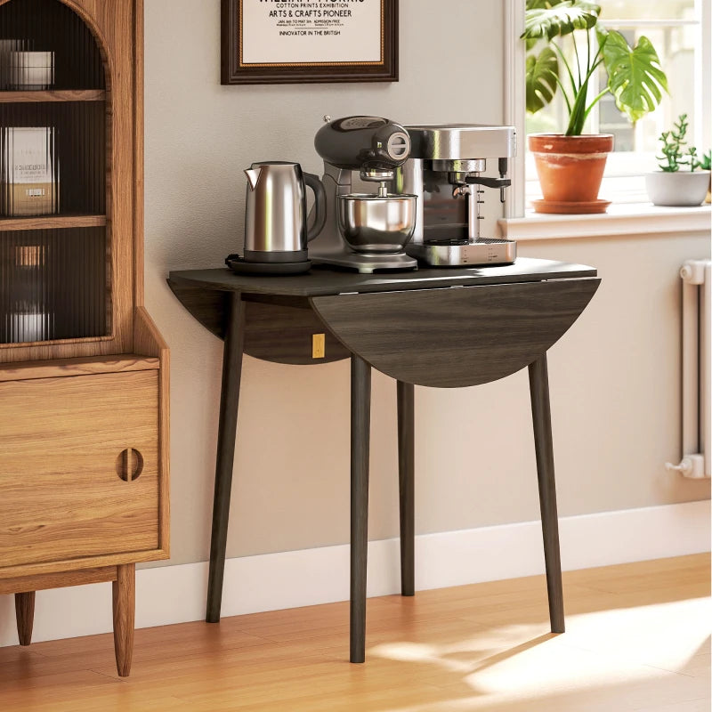 Modern Round Folding Dining Table for 4 - Space-Saving Drop Leaf Kitchen Table with Wood Legs in Grey