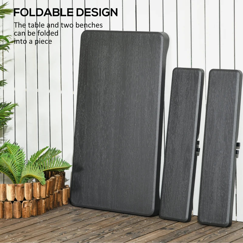 Folding Picnic Table Set for 4 - 3-Piece Portable Garden Furniture with 2 Benches, Dark Grey Plastic Top and Steel Frame