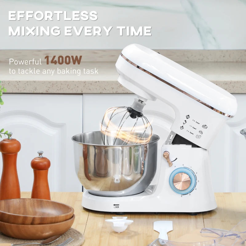 5L Stand Mixer for Baking - 1400W Electric Kitchen Mixer with 6 Speeds, Dough Hook, Whisk & Stainless Steel Bowl - White