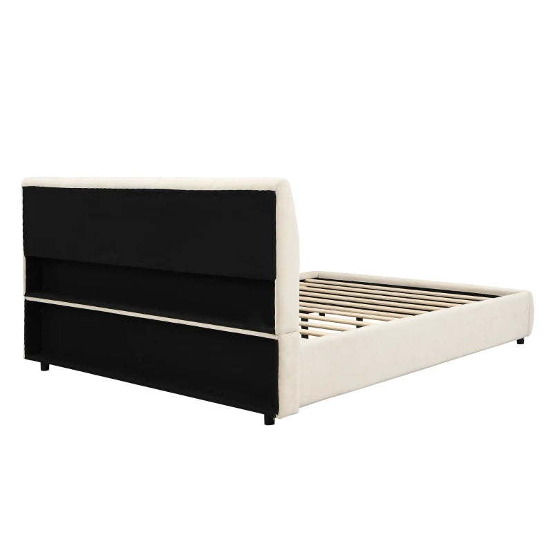 4ft6 Upholstered Double Bed - Velvet Frame with Soft Headboard & Sturdy Slats for Adults & Teens, White, 213x152x89 cm