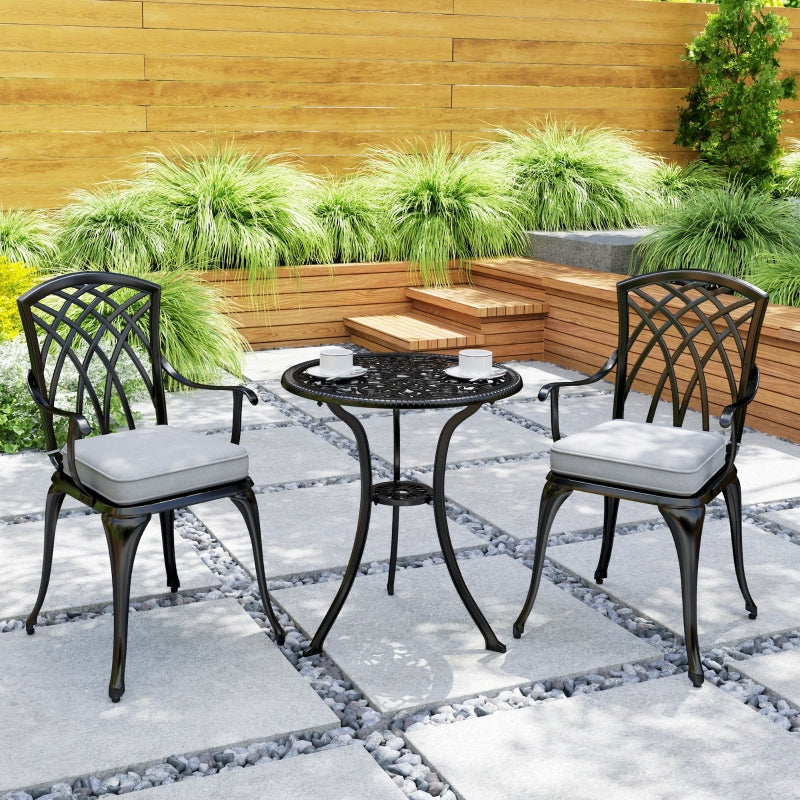 3 Piece Black Cast Aluminium Garden Bistro Set for 2 - Outdoor Coffee Table Set with Cushions, Rust Resistant, Parasol Hole, Perfect for Patio and Balcony