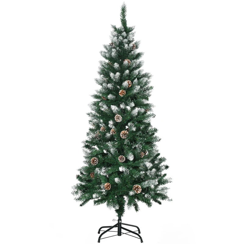 5 Ft Snowy Artificial Christmas Tree with Realistic Branches & Pine Cones - Indoor Holiday Decoration in Green & White
