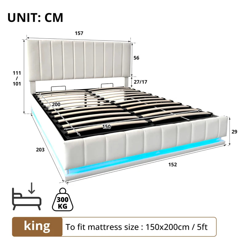 5ft Upholstered King Bed with Hydraulic Storage & RGB LED Lighting - Adjustable Headboard, Cream White, 203L x 157W x 111H cm