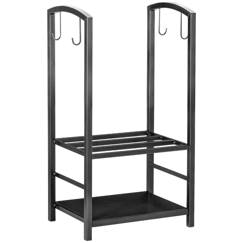 Metal Firewood Log Holder Rack - 2 Layer Indoor Outdoor Fireplace Wood Storage with Tools & Hooks, Black, 40L x 30W x 74.5H cm