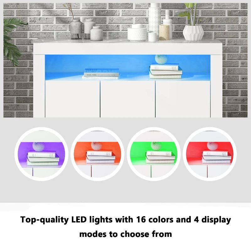 Modern White Sideboard Cabinet with LED Lights - High Gloss 3-Door Kitchen Unit, Remote Control, 130x35x95 cm