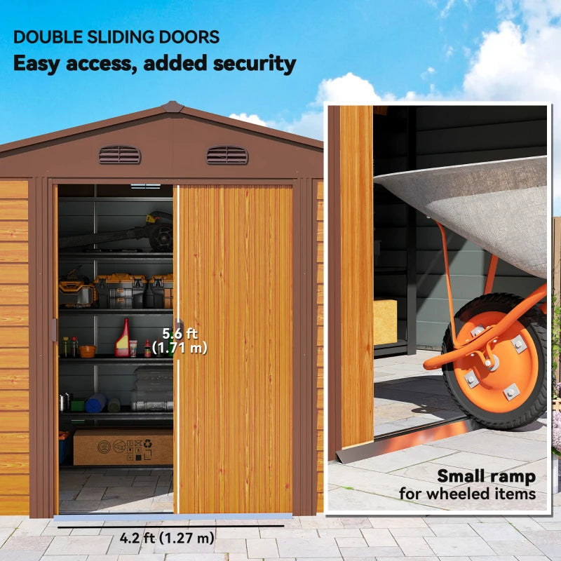 Brown 9ft x 6ft Metal Garden Shed - Garden Tool Storage Space with Vents, Sliding Doors & Sloped Roof