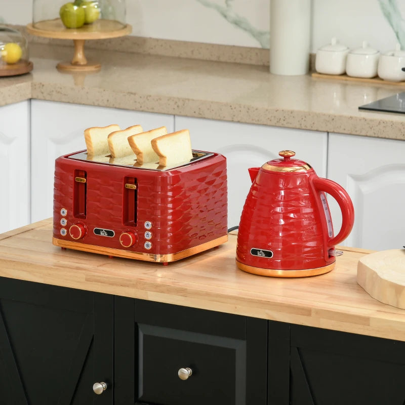 3000W Rapid Boil Kettle & 4 Slice Toaster Set - 1.7L Kettle with 7 Browning Controls, Crumb Tray, Red