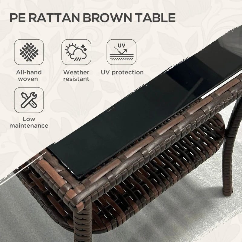 Brown Rattan Glass Top Patio Side Table - 50cm