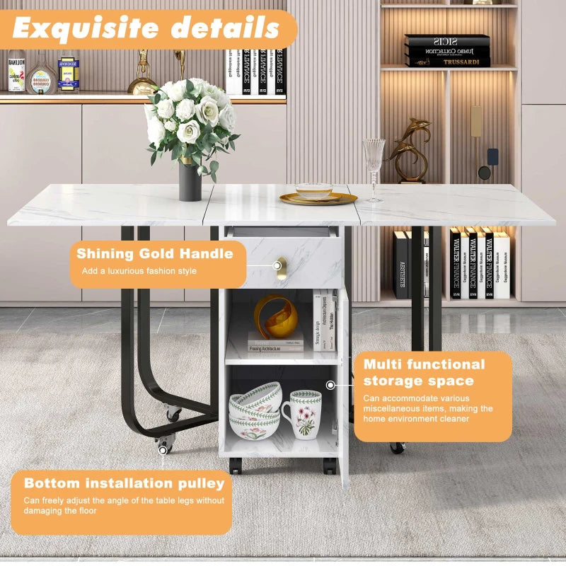 Folding Dining Table with Gold-Plated Handles - 3 Versatile Modes for Learning & Dining - Metal Frame - White/Black