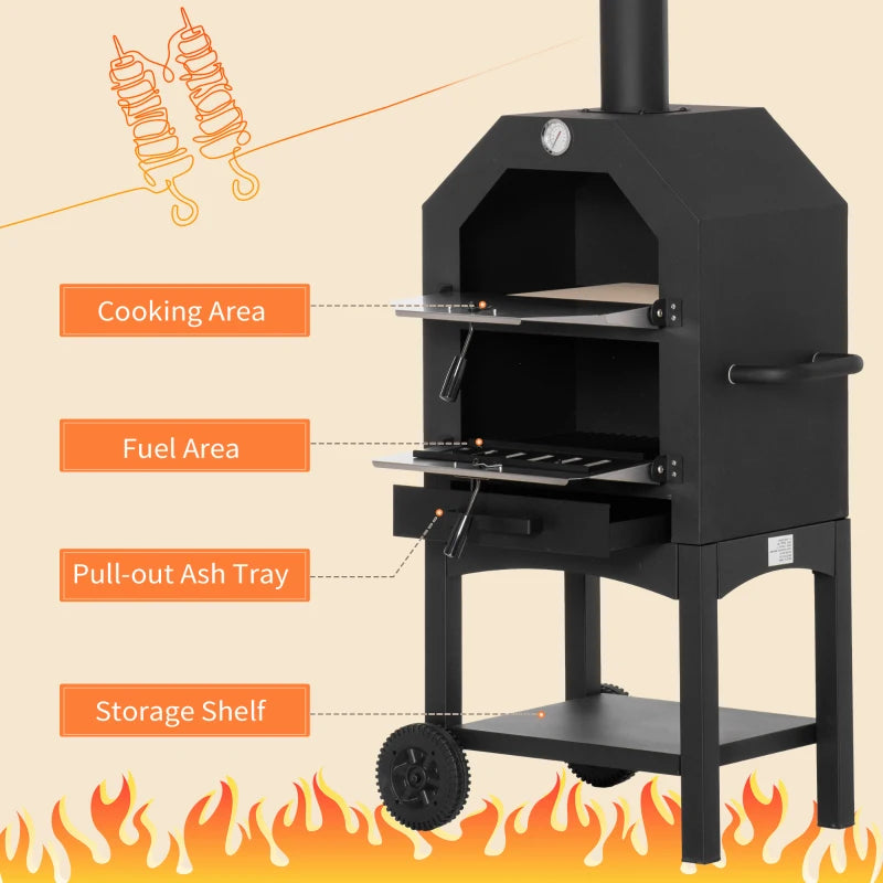 Stainless Steel Outdoor Pizza Oven BBQ Grill - Charcoal, 3-Tier, Chimney, Thermometer, Wheels - Black