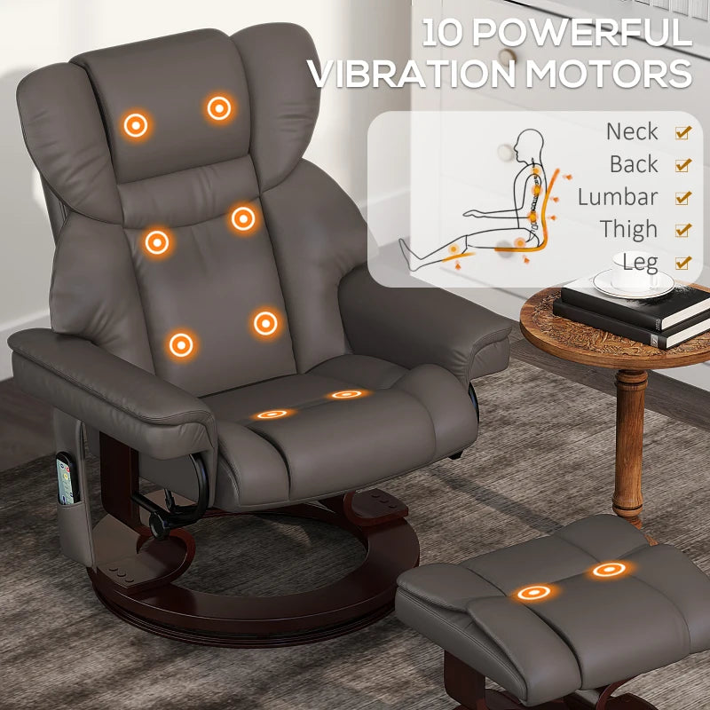 Upholstered Massage Recliner Chair with Footstool, Adjustable Backrest, Swivel Design for Living Room and Bedroom, Brown