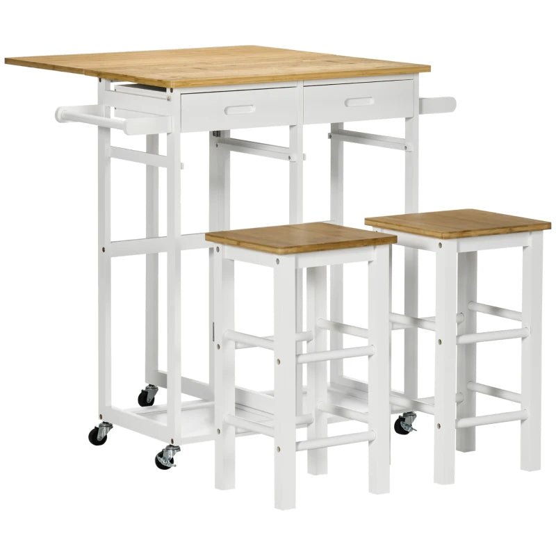 Bamboo Kitchen Island Set with 2 Stools, Rolling Breakfast Cart, Drop Leaf Top, Drawers & Towel Rack - White