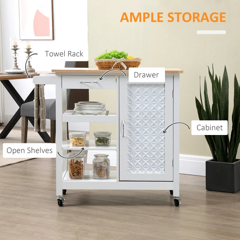 White Kitchen Trolley on Wheels - Utility Kitchen Island Cart with 3 Storage Shelves & Embossed Door Panel