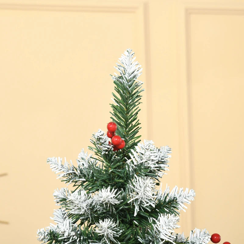 6FT Artificial Christmas Pencil Tree with Red Berries & Pinecones - Foldable Indoor Holiday Decoration, Green Xmas Tree