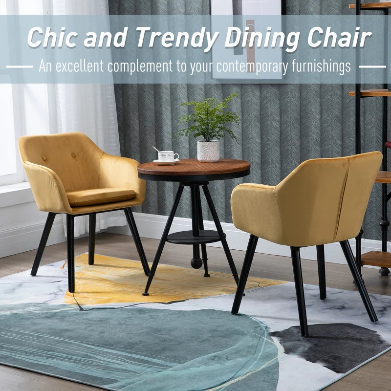 Modern Velvet-Touch Dining Chairs Set of 2 - Upholstered Leisure Chairs with Backrest & Armrests for Home Office & Kitchen - Yellow